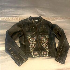 Price reduced! Black Leather Jacket! Rhinestones! Embroidery! Style and Unique!